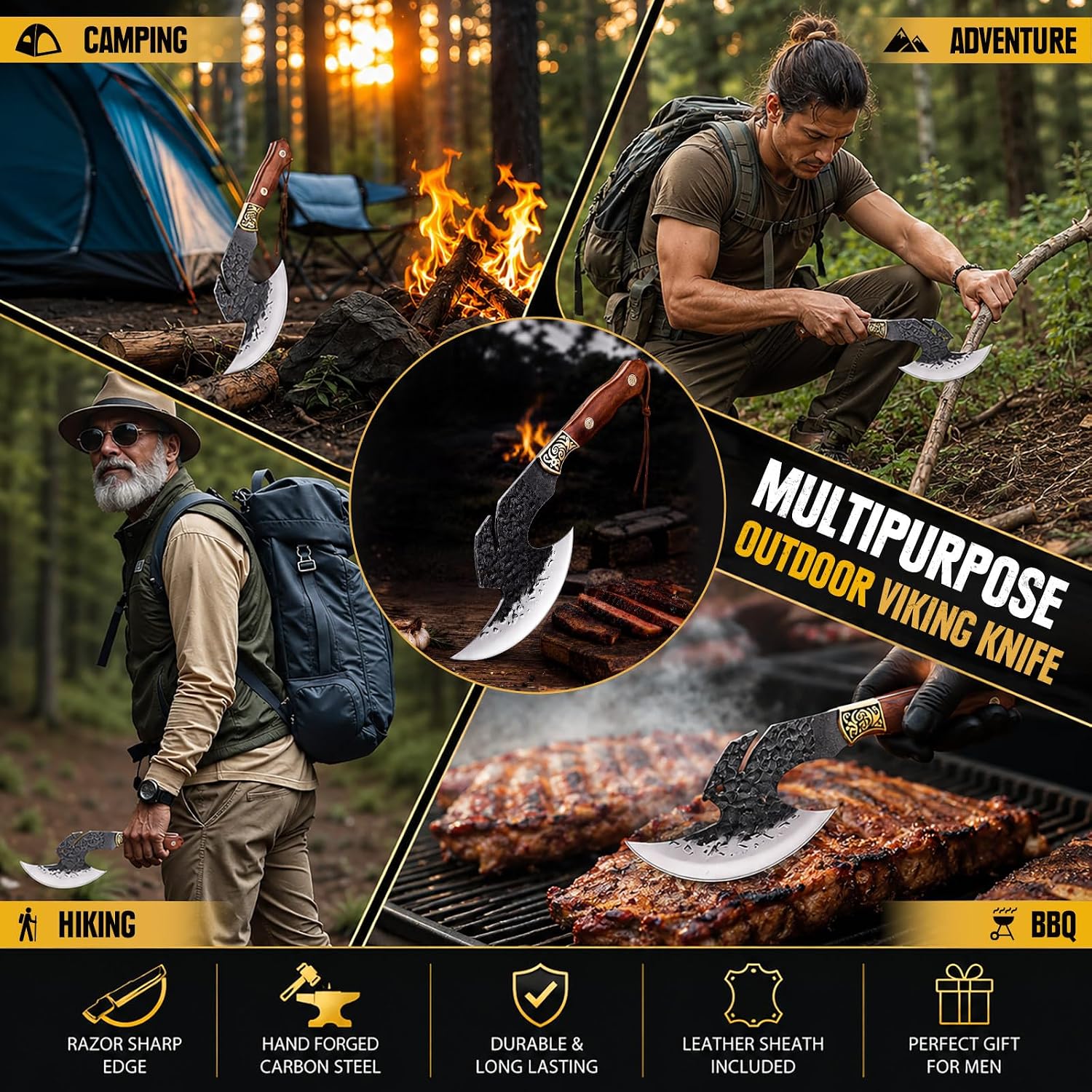 Hand Forged Viking Knife 6.2" Meat Cleaver With Sheath, Chinese Kitchen Axe Boning Knife For Meat Cutting, High Carbon Steel Butcher Knife Home Outdoor Bbq Camping Birthday Gifts For Men Dad