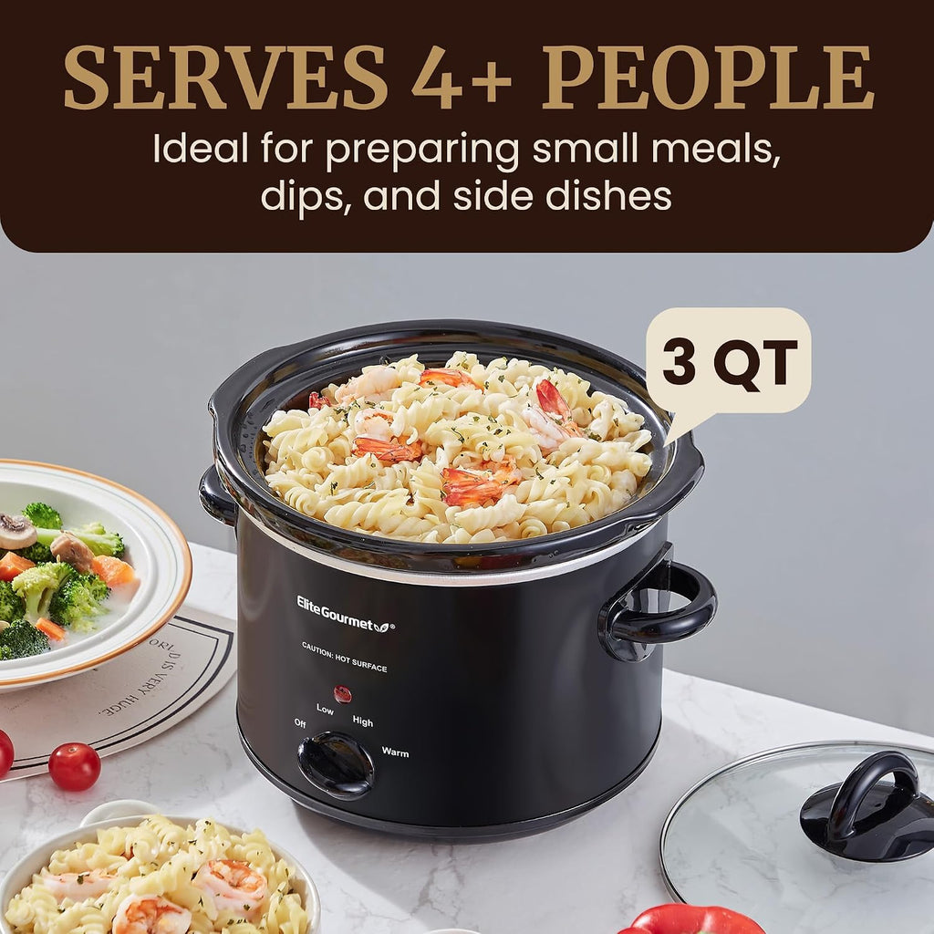 Elite Gourmet Mst-350B Electric Slow Cooker, Adjustable Temp, Entrees, Sauces, Stews & Dips, Dishwasher Safe Glass Lid & Crock (3 Quart, Black)