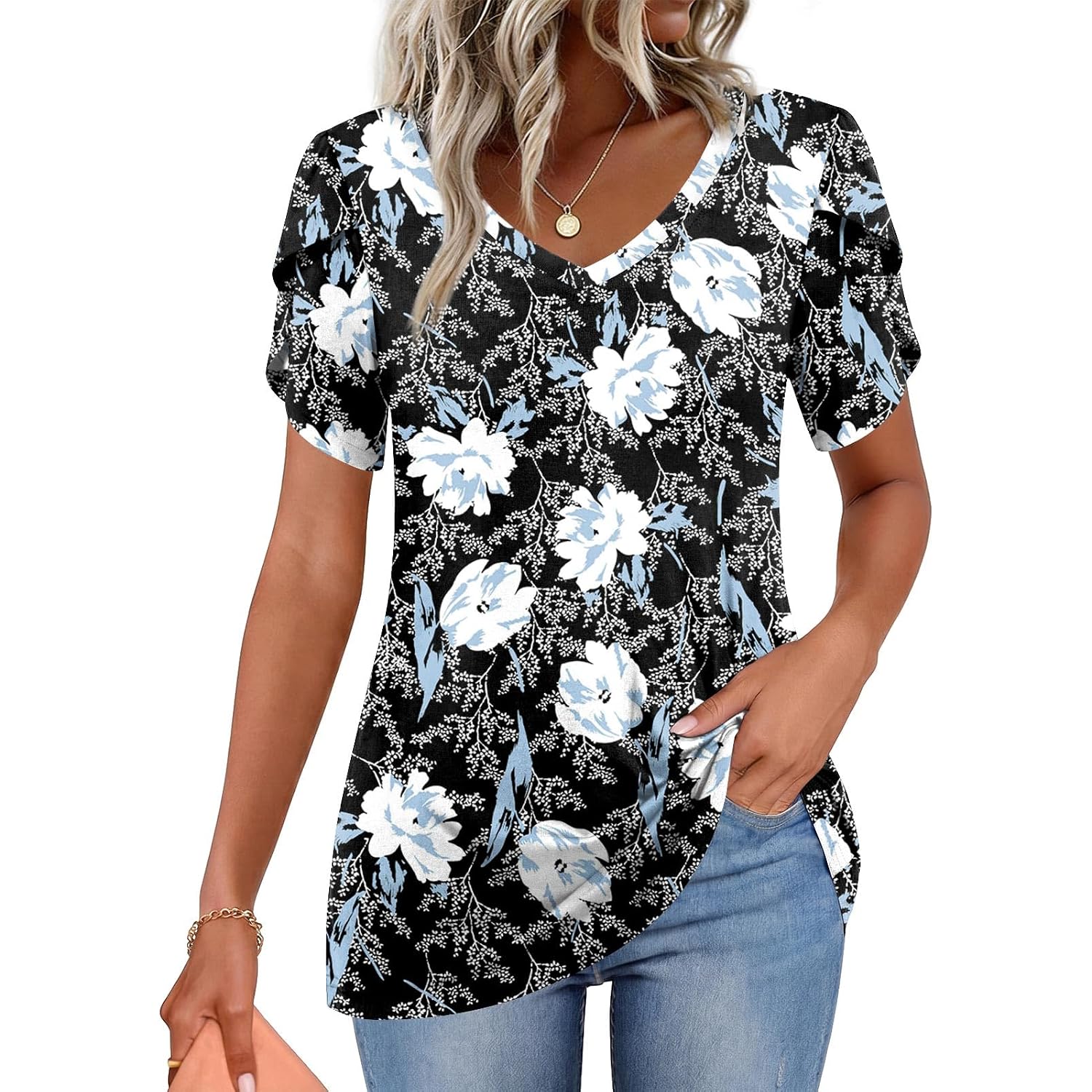 CATHY 2026 Women Tops Summer Short Sleeve Tunic V Neck T-Shirts Loose Casual Floral Blouse S-4XL