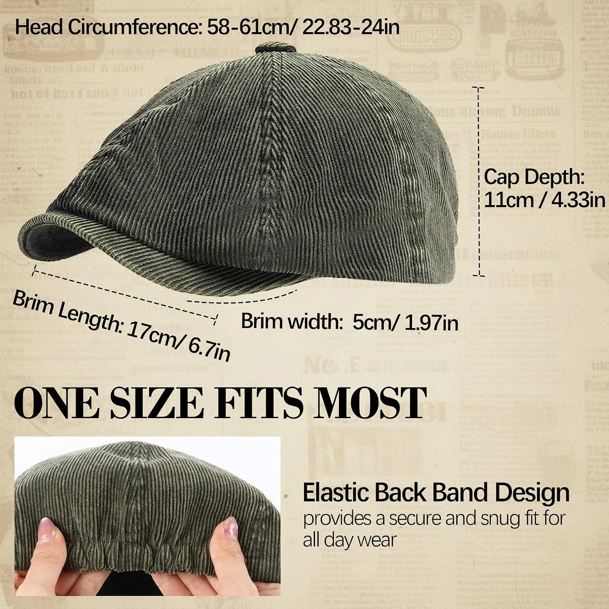 Women’S Vintage Corduroy Newsboy Cap, Elastic French Peaked Beret Distressed Artist Painters Hat For Jazz Dancing Streetwear