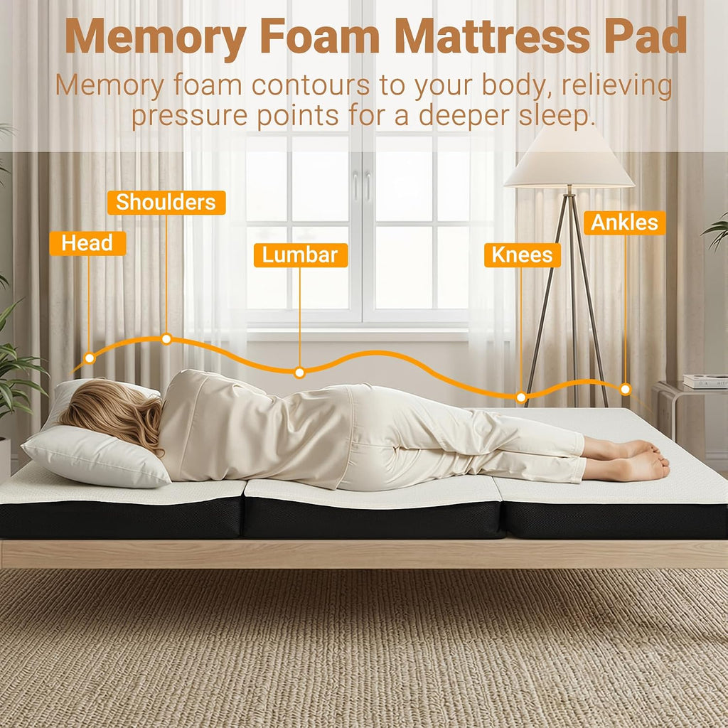Foldable Mattress Twin Memory Foam Tri Folding Pad Washable, 75X38X4" White