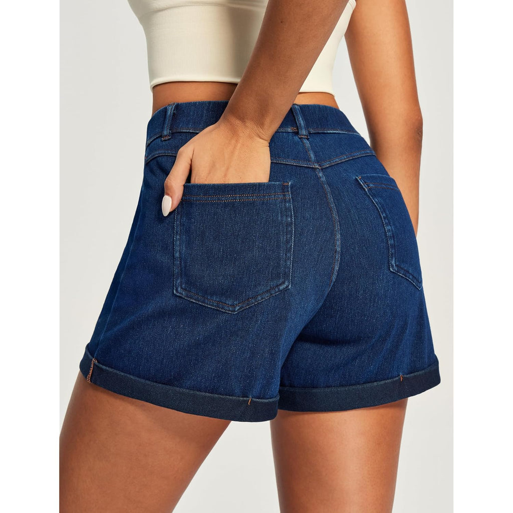 Stretchy Baggy Jean Shorts Womens Pull On Denim Shorts Women High Waisted Tummy Control Jorts Summer Casual with Pockets