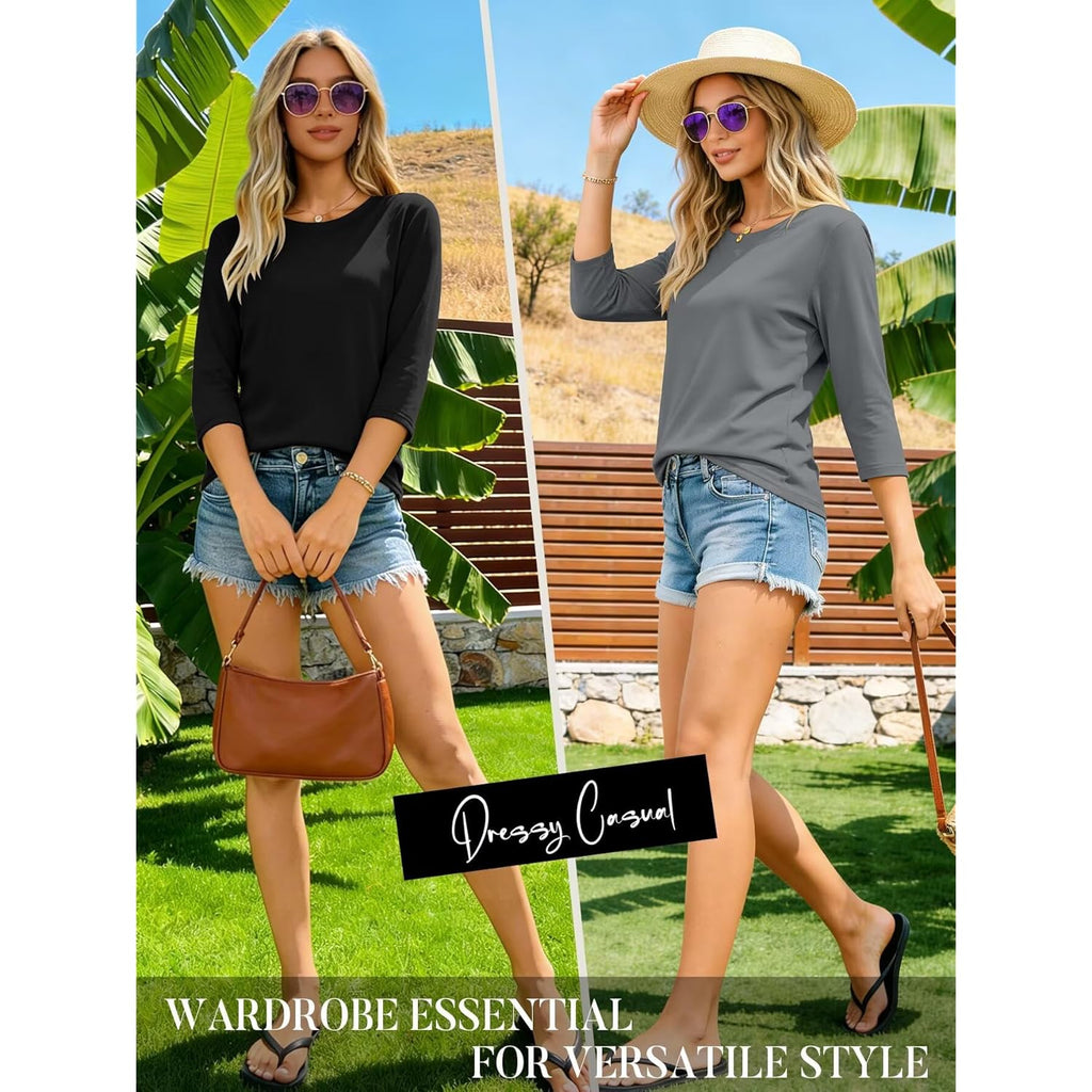 3 Pack 3/4 Sleeve Tops for Women Crewneck Basics Casual Work Tees Spring Summer Trendy T Shirts 2026 Clothes Blouses