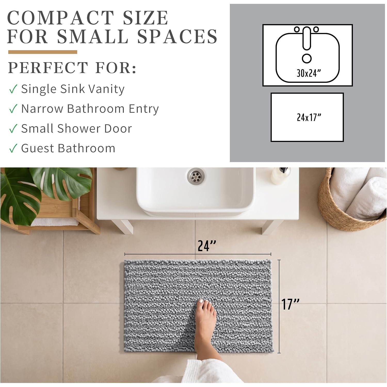 Yimobra Bathroom Rugs Non-Slip Washable – Extra Soft & Absorbent Chenille Bath Mat, Quick-Dry Plush Shaggy Floor & Vanity Bath Rugs For Tub & Shower, Modern Home Decor Accessories, 24 X 17, Grey