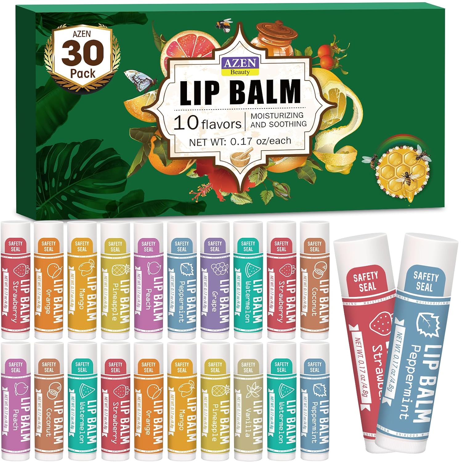 Azen 30 Pack Lip Balm, Natural Lip Balm Bulk, Lip Care Product, Moisturizing Lip Balms For Dry Cracked Lips, Mothers Day Gifts Easter Basket Stuffers - 10 Flavors