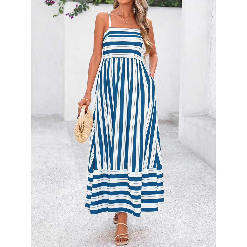 Prettygarden Women Summer Maxi Dresses 2026 Spaghetti Strap Boho Floral Striped Wedding Guest Beach Vacation Flowy Long Dress