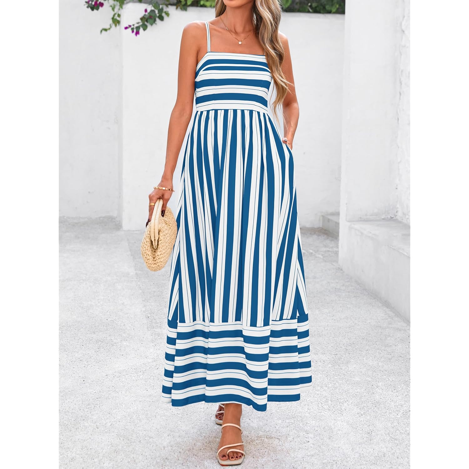 Prettygarden Women Summer Maxi Dresses 2026 Spaghetti Strap Boho Floral Striped Wedding Guest Beach Vacation Flowy Long Dress