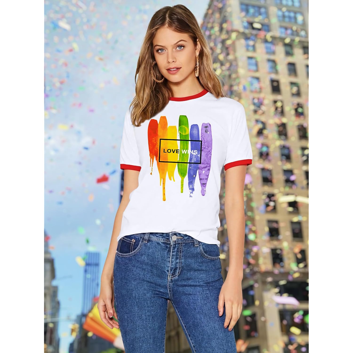 VVNTY Pride Shirts Women: LGBT Rainbow Graphic Tee Gay Pride T Shirt Lesbian Casual Red Ringer Tee White-love Wins