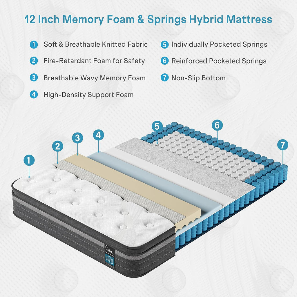Queen Mattress 12 Inch In A Box, Hybrid Queen Mattress With Memory Foam & Individual Pocket Springs, Medium Firm Queen Size Mattresses For Motion Isolation & Pressure Relief, Certipur-Us