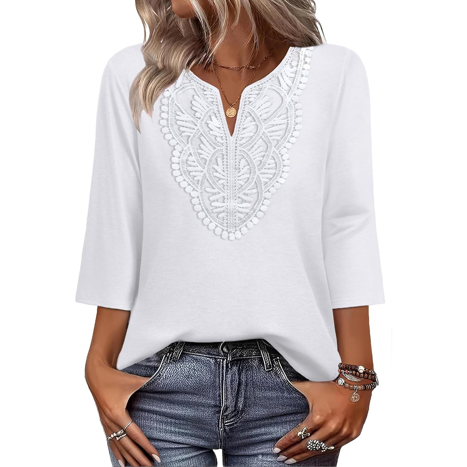 WIHOLL 3/4 Length Sleeve Womens Tops Boho V Neck Lace Shirt Trendy Blouses Dressy Casual Vacation Clothes S-3XL