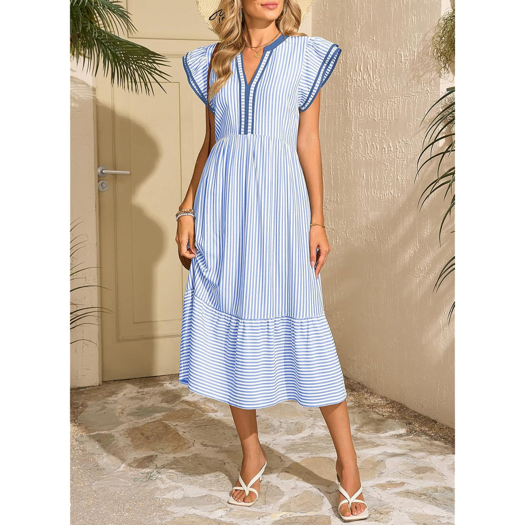 Dokotoo Womens Dresses 2026 Summer V-Neck Ruffle Cap Sleeve Empire Waist Flowy Striped Beach Midi Maxi Dress With Pockets