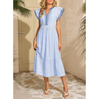 Dokotoo Womens Dresses 2026 Summer V-Neck Ruffle Cap Sleeve Empire Waist Flowy Striped Beach Midi Maxi Dress With Pockets