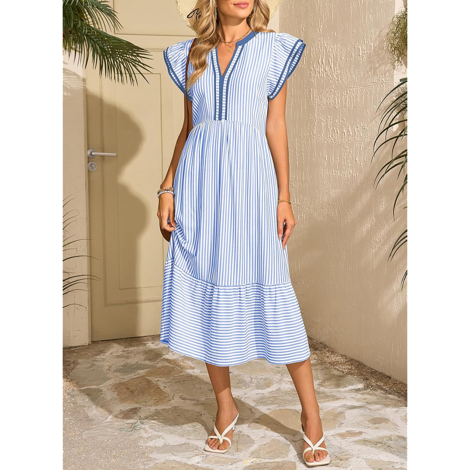 Dokotoo Womens Dresses 2026 Summer V-Neck Ruffle Cap Sleeve Empire Waist Flowy Striped Beach Midi Maxi Dress With Pockets