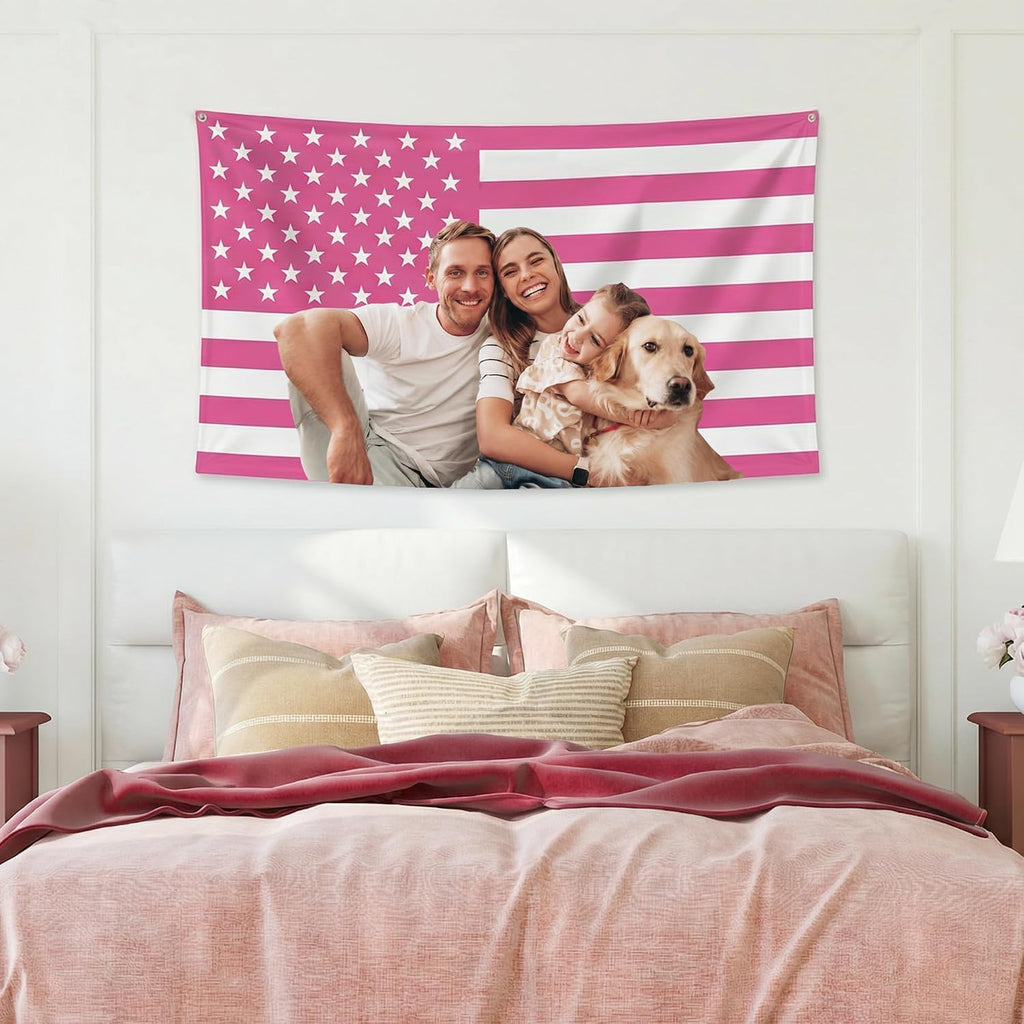 Custom Pink American Us Flag With Picture, Personalized Funny Flags With Face Image Logo Photo Text Single Sided Customized Flag Tapestry For Bedroom Dorm Room Decor Garden, 2X3 3X5 4X6 5X8 Ft