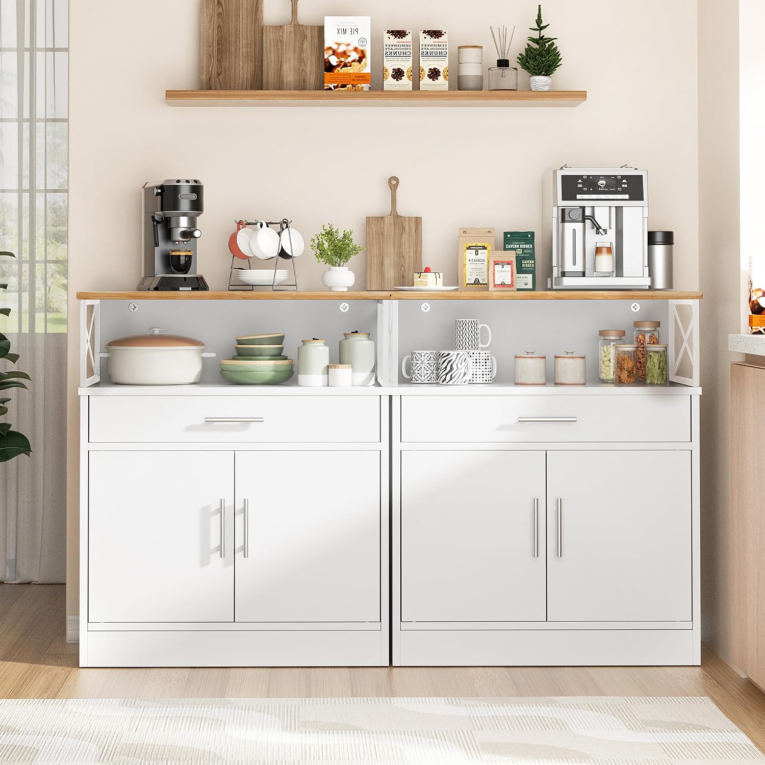 Shintenchi Kitchen Buffet Cabinet With Adjustable Shelf, Modern Kitchen Storage Cabinet,Farmhouse Coffee Bar Cabinet（White）