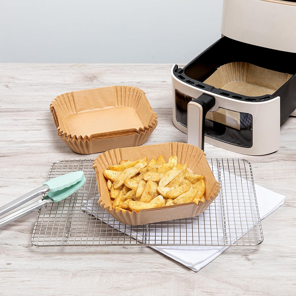 Restaurantware-Pastry Tek 6.3 x 6.3 x 1.8 Inch Air Fryer Liners, 100 Square Air Fryer Baskets - No-Stick Silicone Coating, Unbleached, Food-Grade Paper Liners, For Steamer, Microwave, Oven, Fry Pan