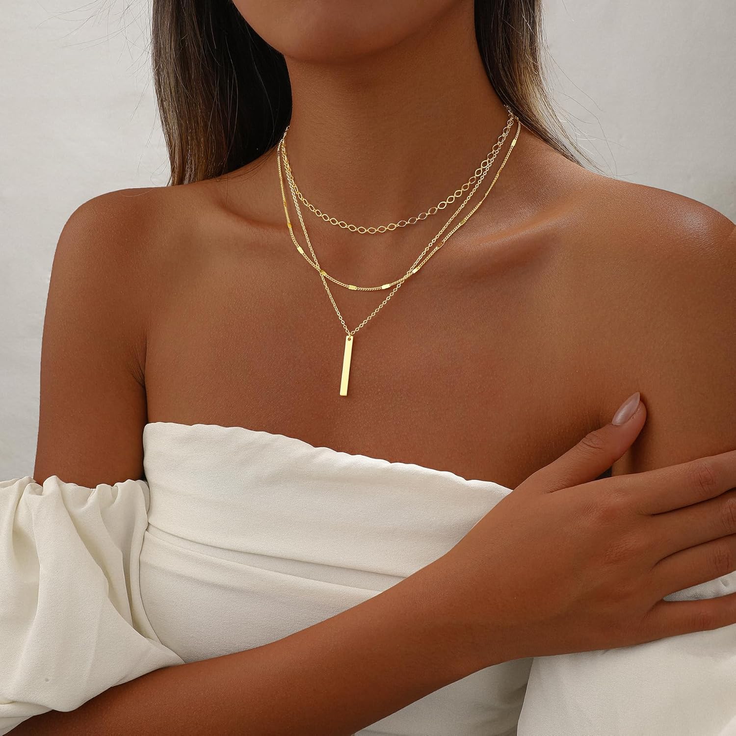 Gold Necklace for Women 14K Gold Plated Layered Cross Bar Necklace Herringbone Figaro Paperclip Flat Chain Cute Charm Accessories Non Tarnish Jewelry Set Gifts for Women