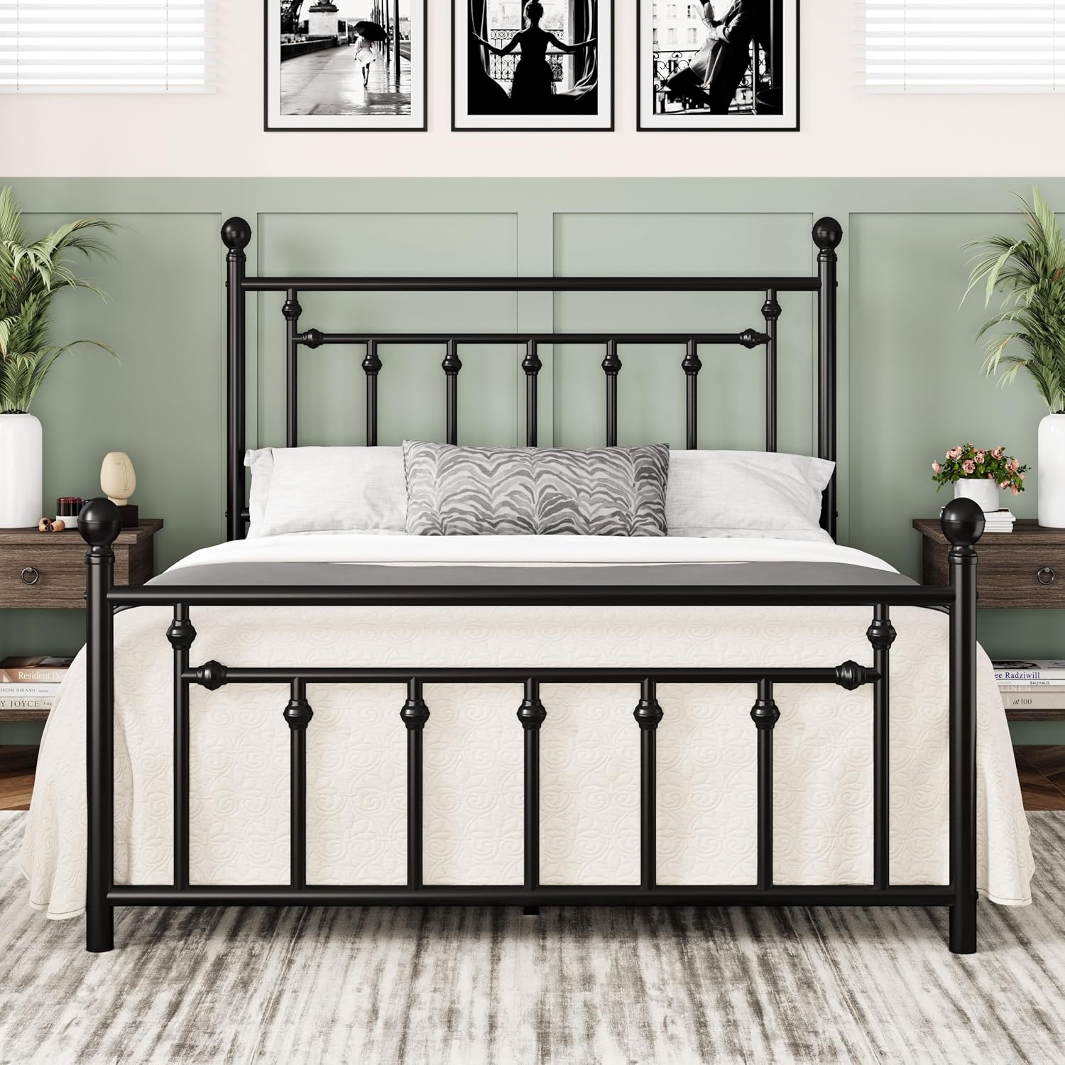 Allewie 14 Inch Queen Size Metal Platform Bed Frame With Victorian Vintage Headboard And Footboard/Mattress Foundation/Under Bed Storage/No Box Spring Needed/Easy Assembly/Noise Free/Black