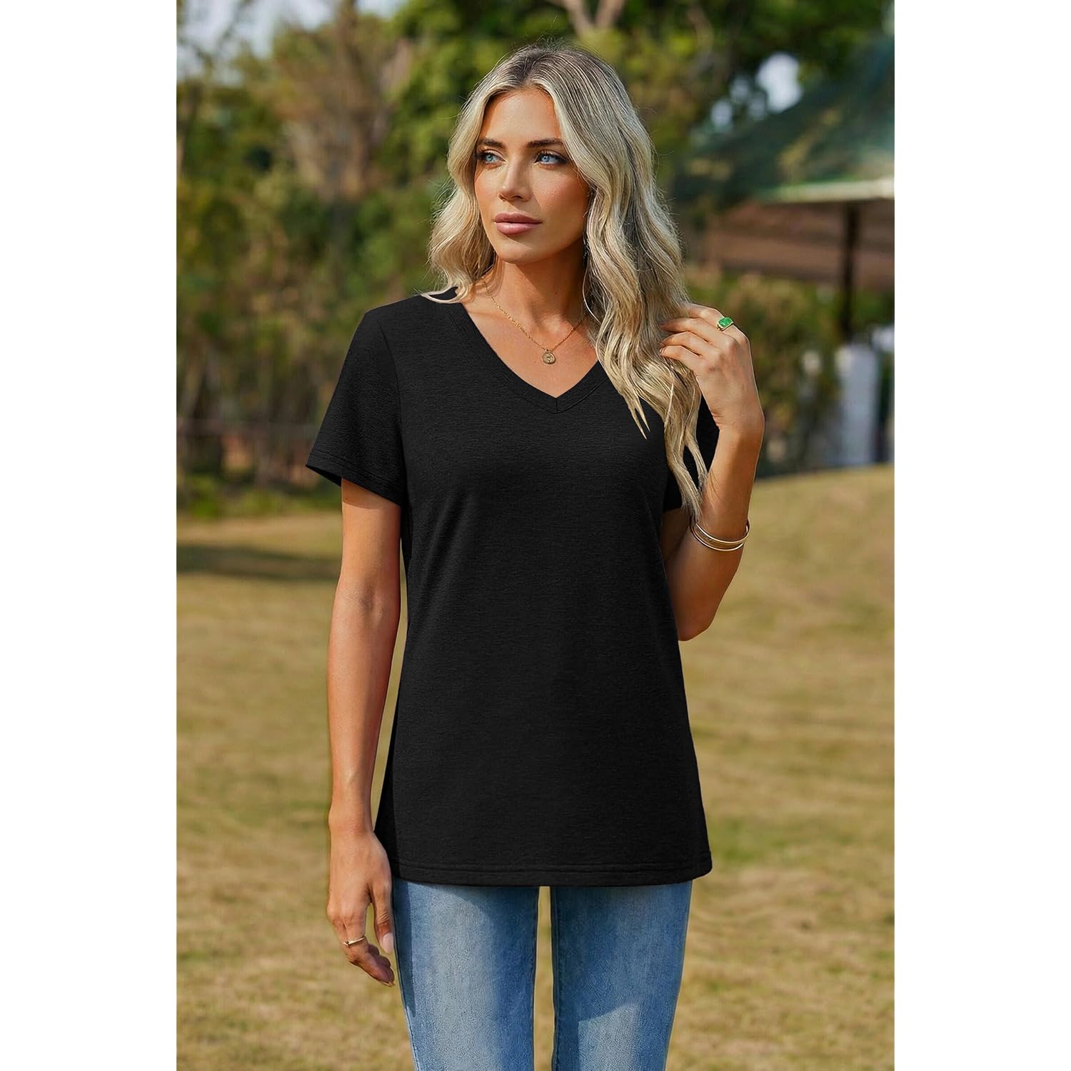 Zeagoo Womens Tops Summer Casual Short Sleeve Tshirts Business Basic Spring V-Neck Shirts Outfits S-3Xl