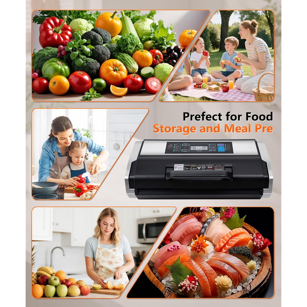 95Kpa Vacuum Sealer Machine- Fully Automatic Commercial Food Sealer With 10-In-1 System, Double Heat Seal, Easy-Lock Handle & Built-In Cutter, Includes 1 Roll + 15 Bags (Black Silver)