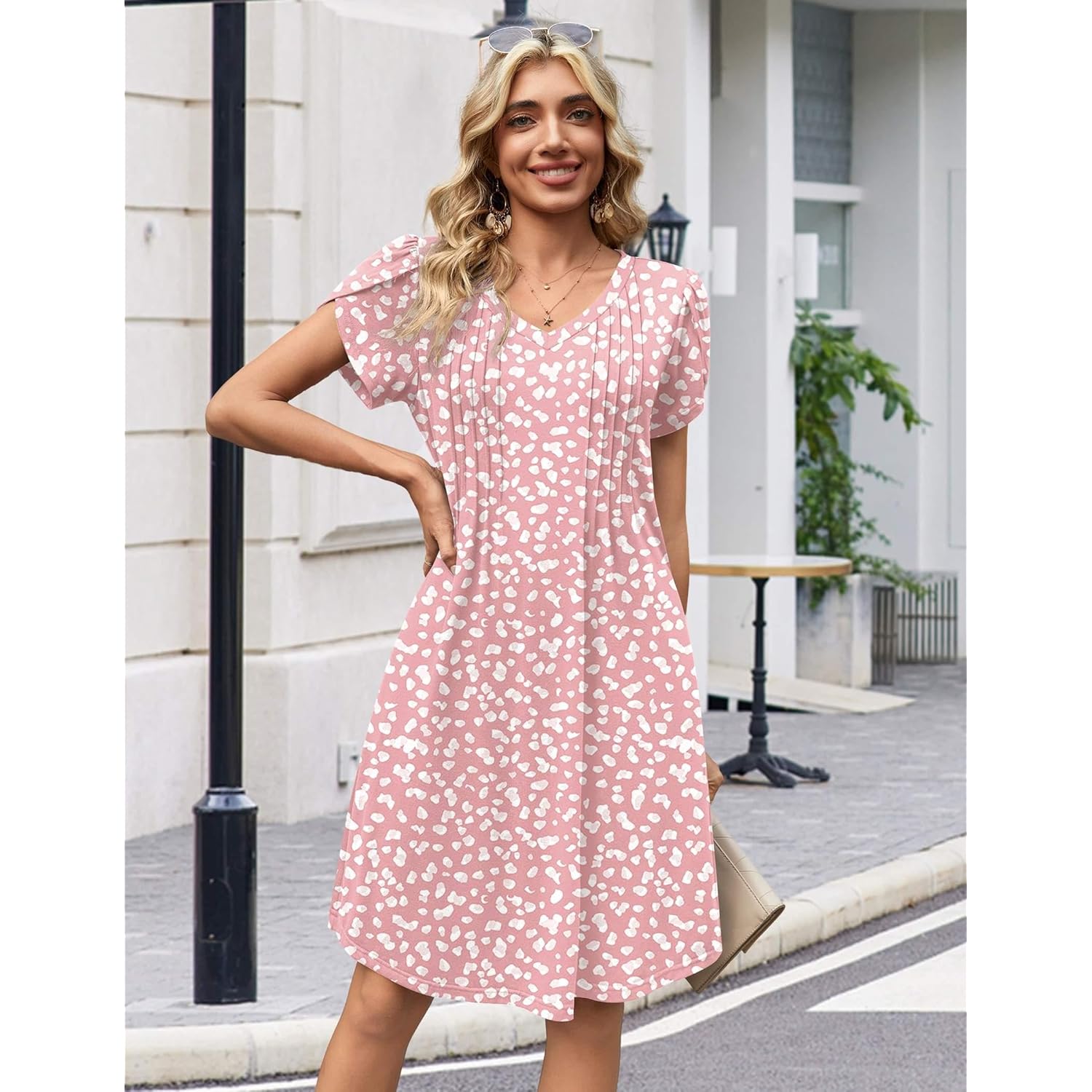 Summer Dresses for Women Casual A Line Dress 2026 V Neck Short Dresses Floral Sundress Pleated Boho Dress