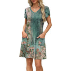 Ofeefan Womens Summer Dresses 2026 Tulip Petal Short Sleeve V Neck Loose Swing Sundresses With Pockets Plain/Print