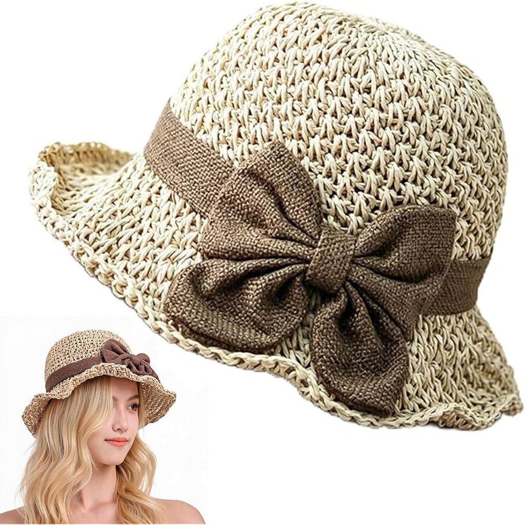 Elegant Woven Straw Sun Hat with Bow, Straw Hat with Retro Bow, Womens Straw Hat Wide Brim Bucket Foldable Breathable Beige