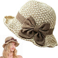 Elegant Woven Straw Sun Hat with Bow, Straw Hat with Retro Bow, Womens Straw Hat Wide Brim Bucket Foldable Breathable Beige