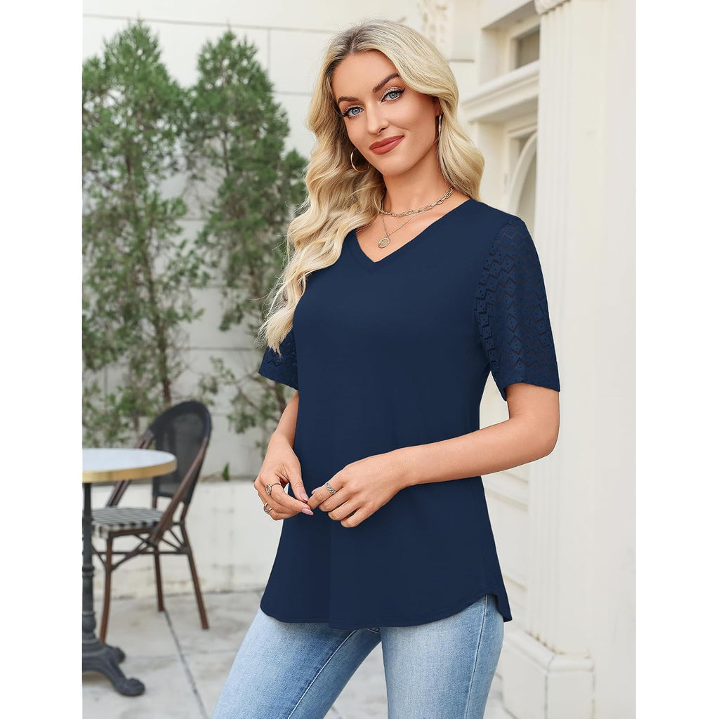Women'S V Neck Casual Tops Lace Short Sleeve Summer Tunic Shirts For Women Loose Fit Breathable Cotton Blouses