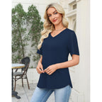 Women'S V Neck Casual Tops Lace Short Sleeve Summer Tunic Shirts For Women Loose Fit Breathable Cotton Blouses