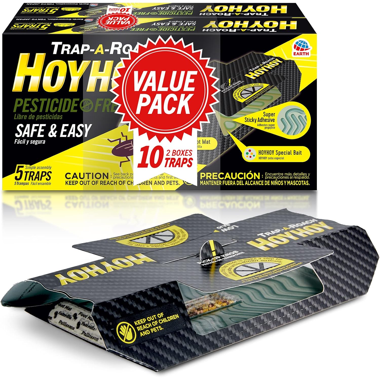 Hoy Hoy Trap A Roach - 10 Traps [2 Pack] Baited Glue Traps, Great For Home With Kids & Pets Indoor, Sticky Pest Control Trap, Roach Killer, Made In Japan