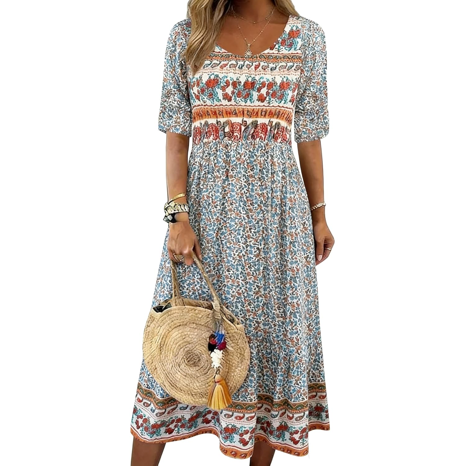 Kubsid Womens Boho Dress Summer Casual 2026 Short Sleeve Loose Fit Floral Maxi Dress Flowy Beach Vintage Sundress
