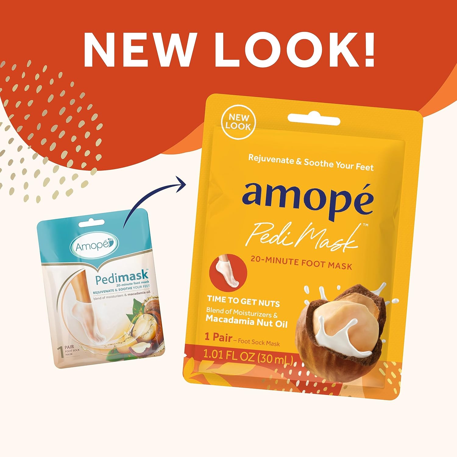 Amopé Pedi Mask 20-Minute Foot Mask, Intensely Moisturizing Socks, Self-Care, Time to Get Nuts with Macadamia Nut Oil, Urea & Vitamin Complex for Long Lasting Hydration, 3 pair (Packaging May Vary)