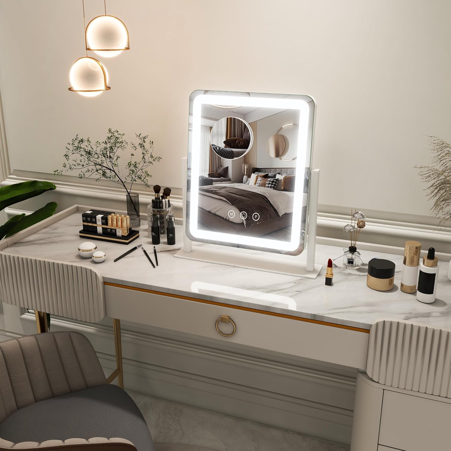 Fennio Vanity Mirror With Lights - 15"X12.6" Led Lighted Makeup Mirror, Large Makeup Mirror With Lights, Touch Screen With 3-Color Lighting, Dimmable, For Vanity Desk Tabletop, Bedroom