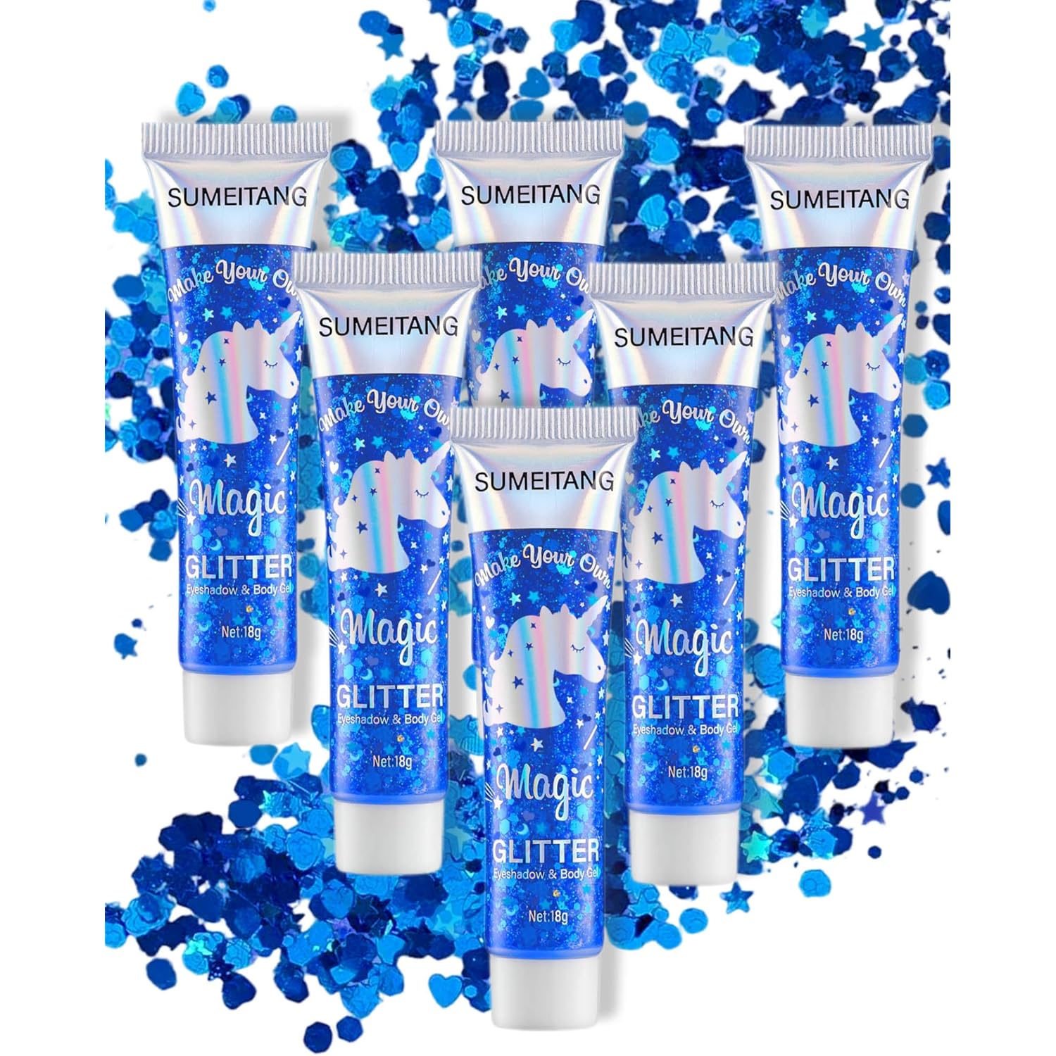 6PCS Blue Face Body Glitter Gel，Holographic Chunky Sequins Body Glitter Paint for Party Singer Concerts Music Festival Rave Accessories for Girls Women Face Body DIY Sparkling Makeup