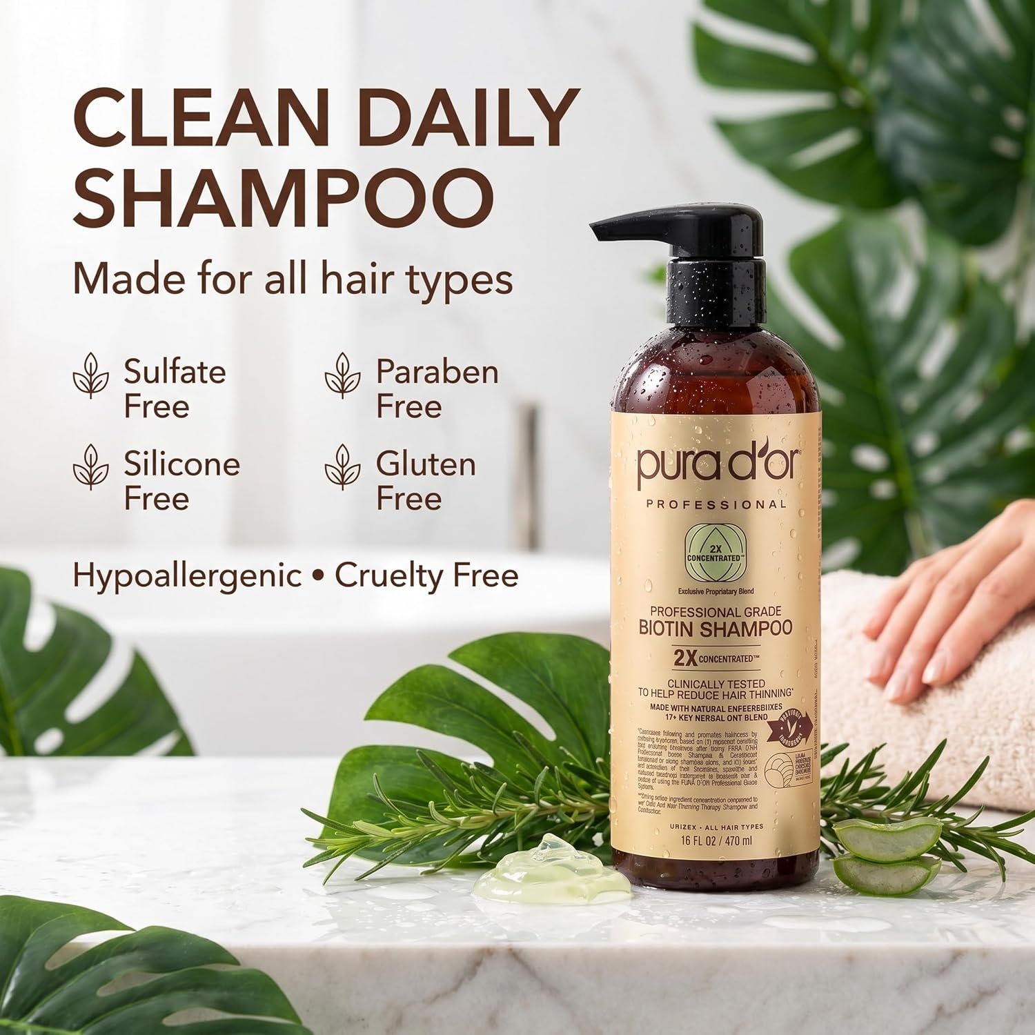 Pura D'Or Clinically Formulated Biotin Shampoo - Daily Hair Care Routine For Thinning Hair - 2X Concentrated 17+ Key Herbal Blend Hair Thickening Products For Women & Men, Botanical Zen Scent 16 Fl Oz