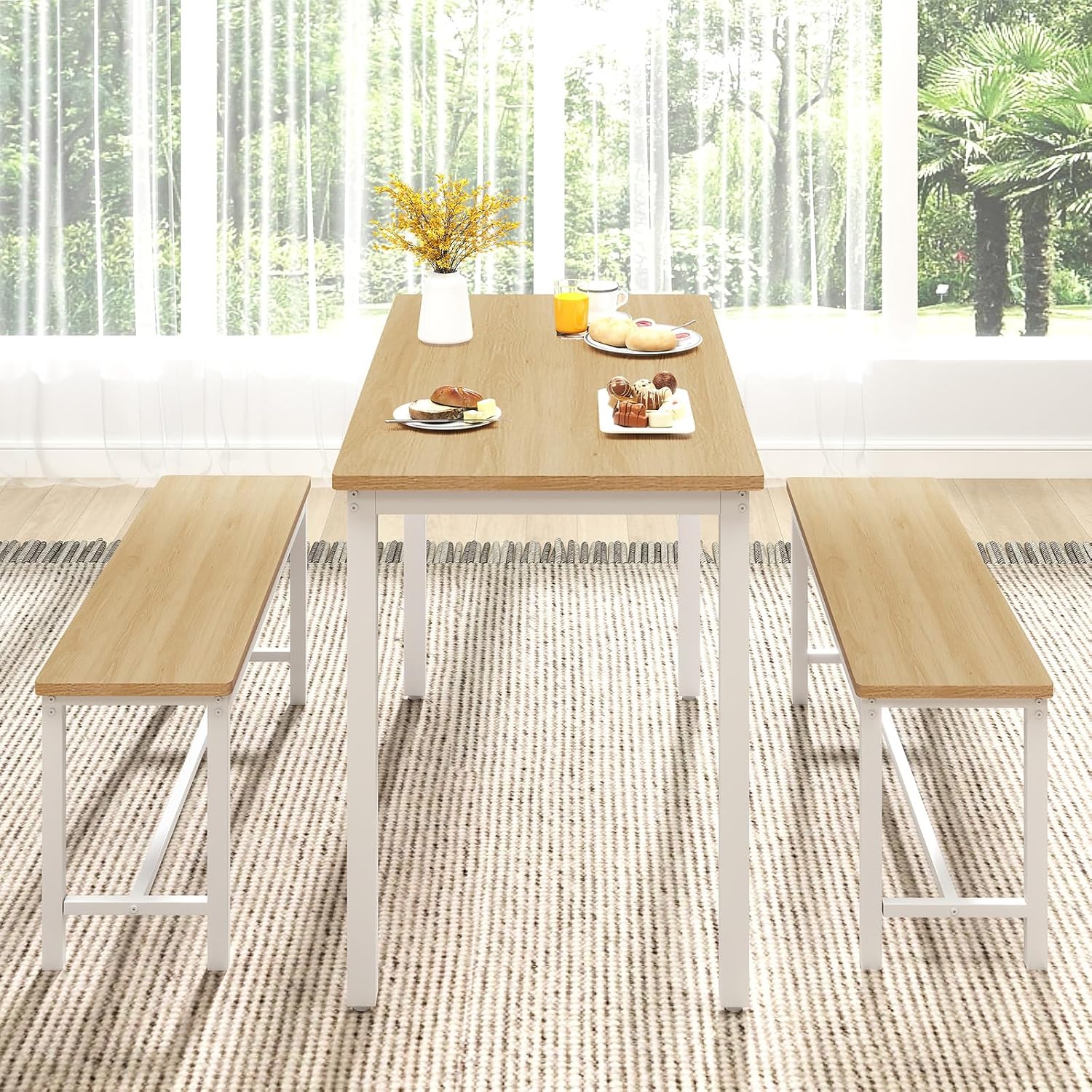 Rovibek 43" Dining Room Table Chairs Set For 4, Modern Space Saving Kitchen Table With 2 Benches & Adjustable Feet Breakfast Table, Wooden Industrial Style Farmhouse, White