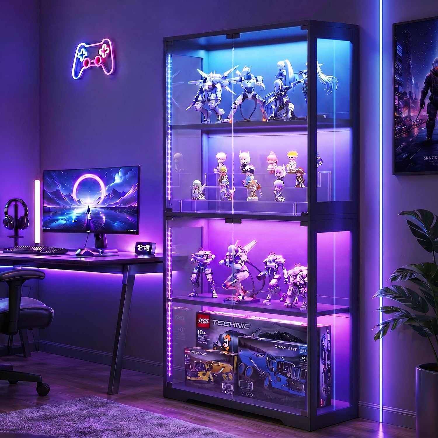 Aodk Glass Display Cabinet With Glass Doors, Rgb Light Display Case, 4-Tier Storage Cabinet Display Shelf For Showcase, Black Curio Cabinet For Collectibles