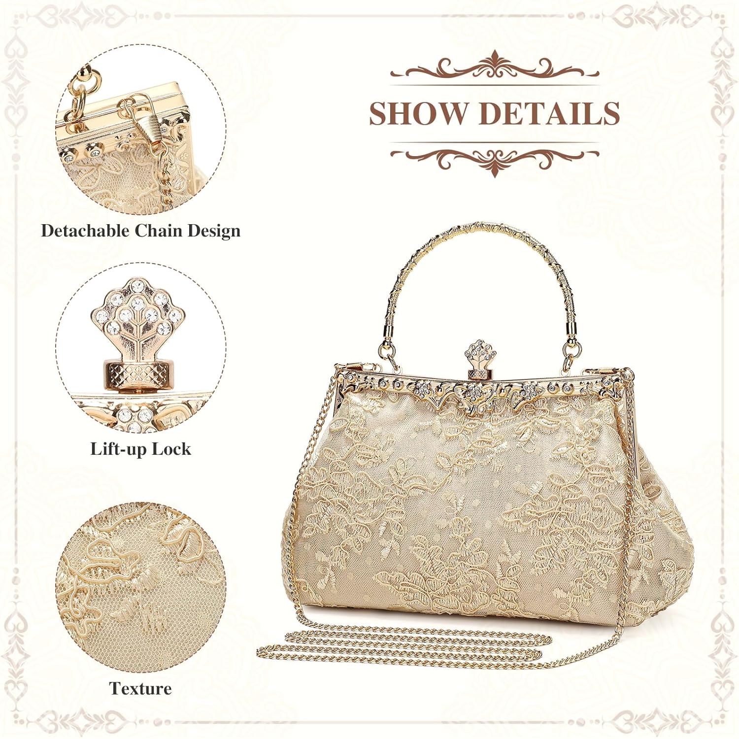 UBORSE 1920s Vintage Purse Embroidery Lace Floral Clutch Purse for Women Formal Evening Bag Handbag Wedding Bag
