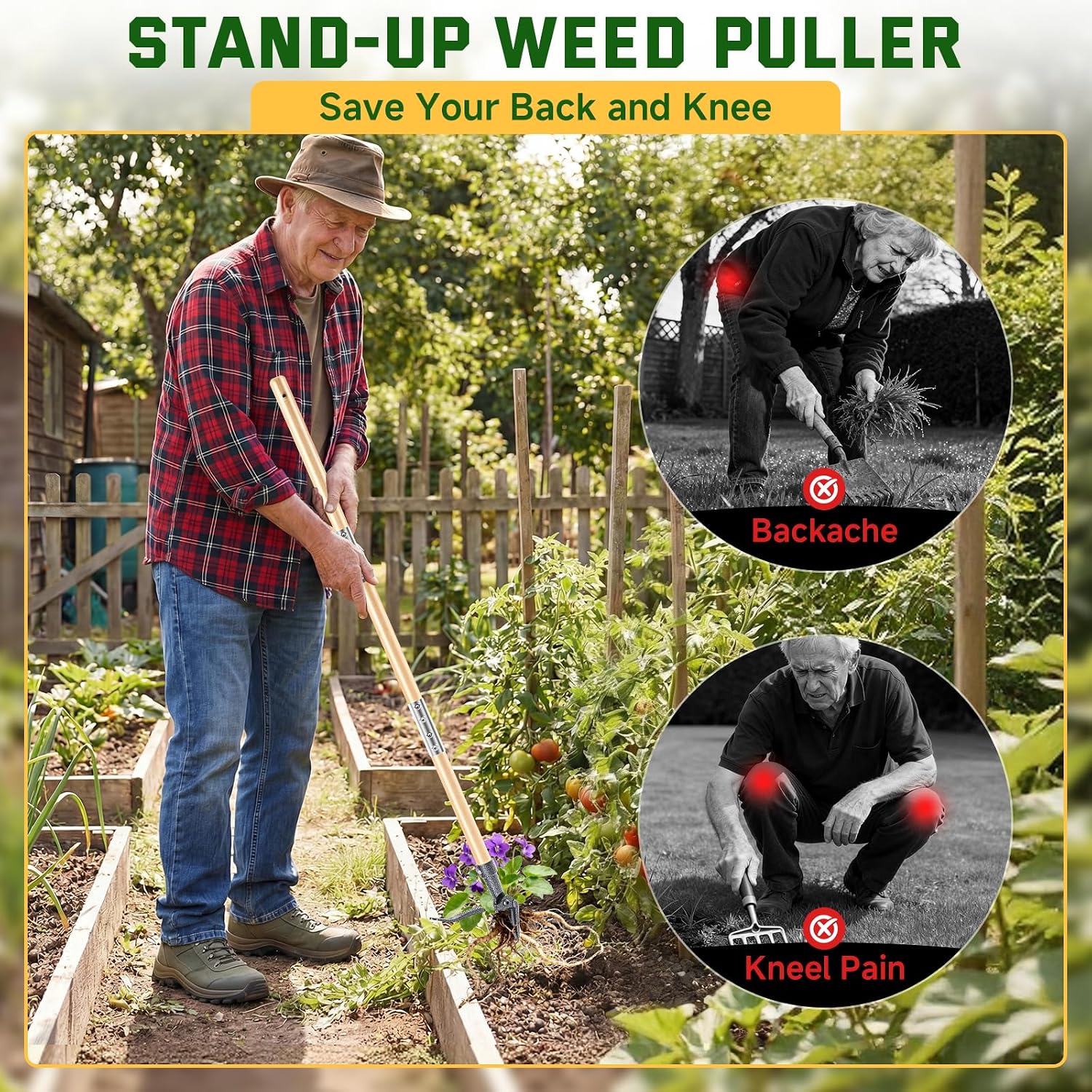 Weed Puller Tool, Stand Up Heavy Duty Weed Remover Tool With Long Handle & 4-Claw Steel Head, Bamboo Garden Hand Weeding Tool - Easily Remove Weeds Without Bending, Pulling,Or Kneeling