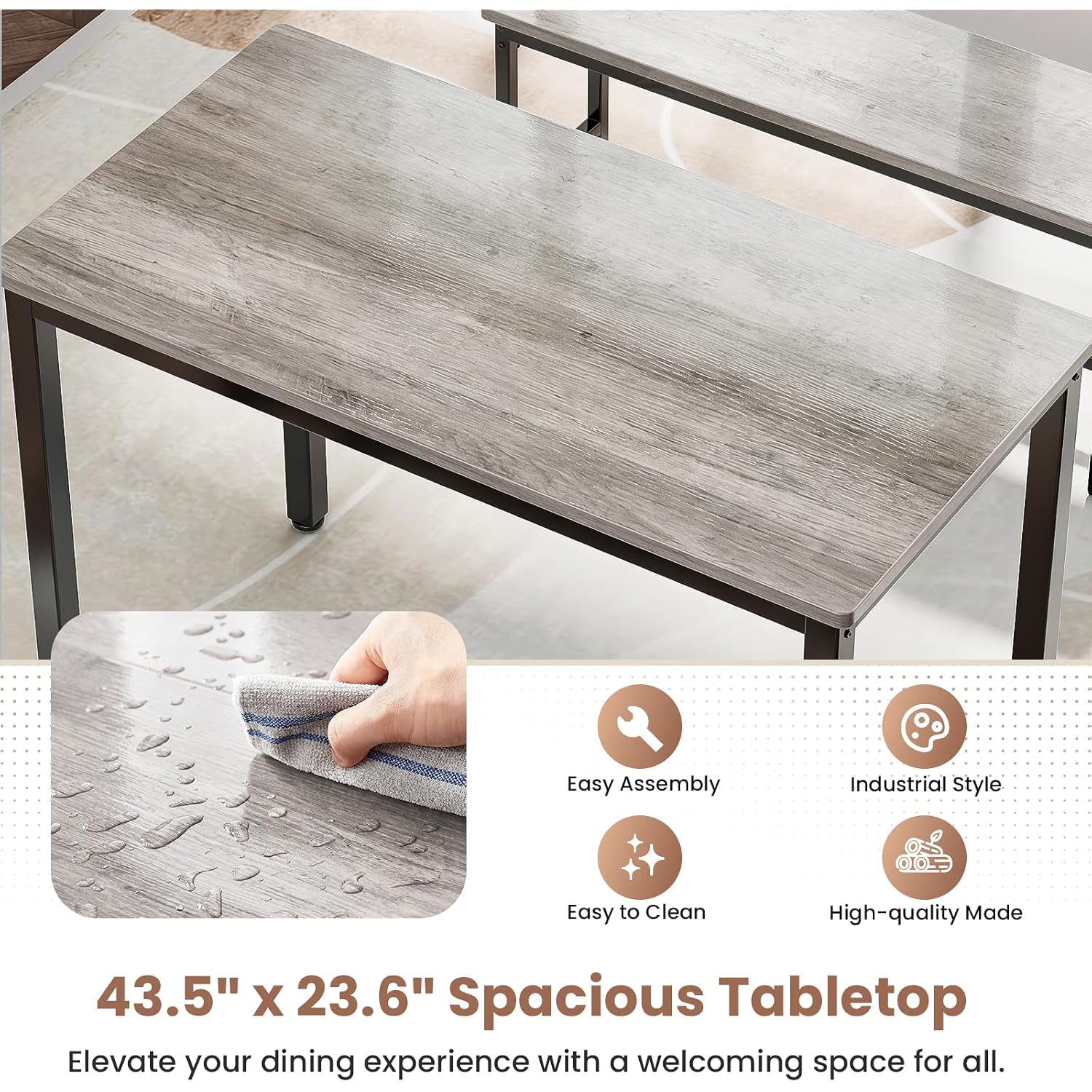 Dining Table Set For 4, Kitchen Table With 2 Benchs, Grey | Modern Functional 3 Piece Space-Saving Dining Room Table Set For Apartment, Breakfast Nook, Small Space