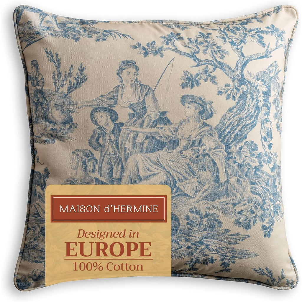 Maison D' Hermine Throw Pillow Covers 100% Cotton (18" X 18" - Pack Of 1) | Square Toile Decorative Pillow Covers With Invisible Zipper For Living Room Couch Sofas - The Miller - Blue