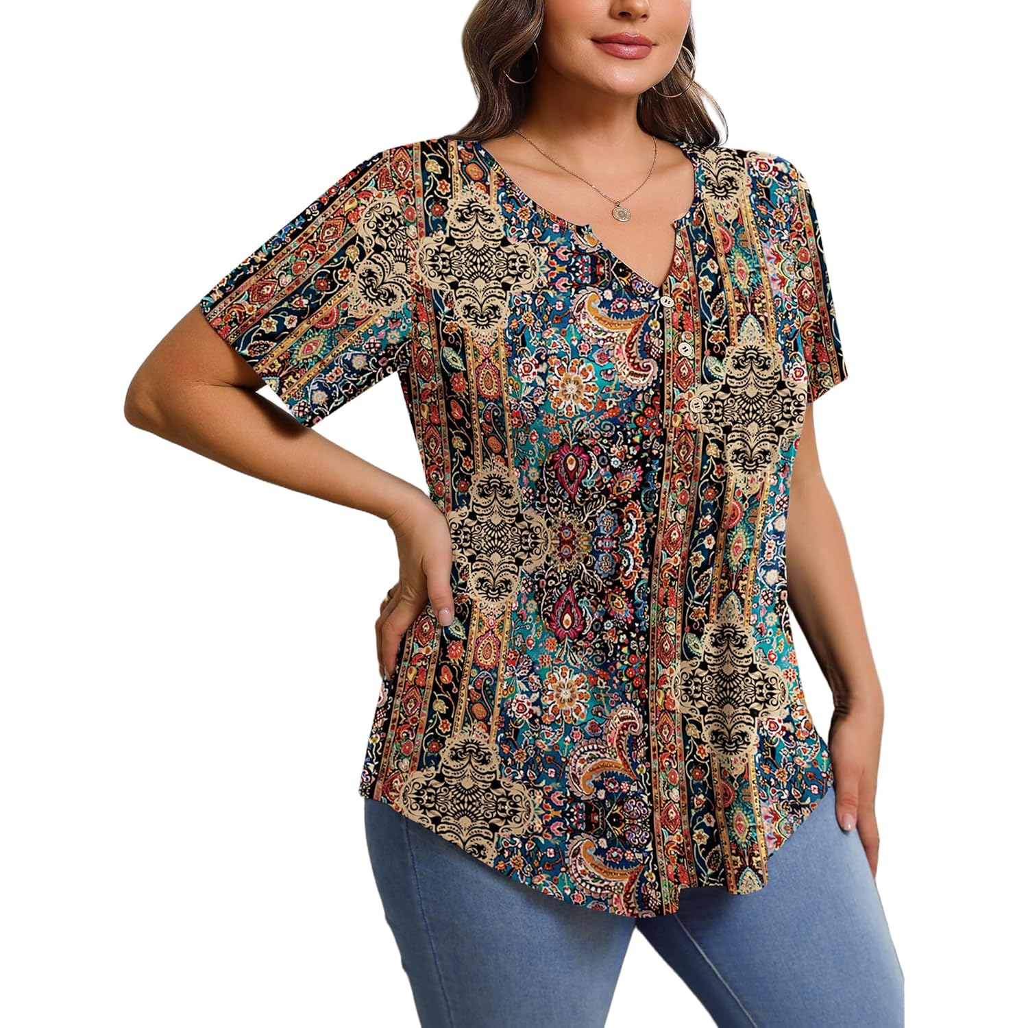 IN'VOLAND Womens Plus Size Tunic Top Summer Short Sleeve T-Shirt V-neck Button Up Dressy Blouse Casual Pleated Pullover 1X-5X