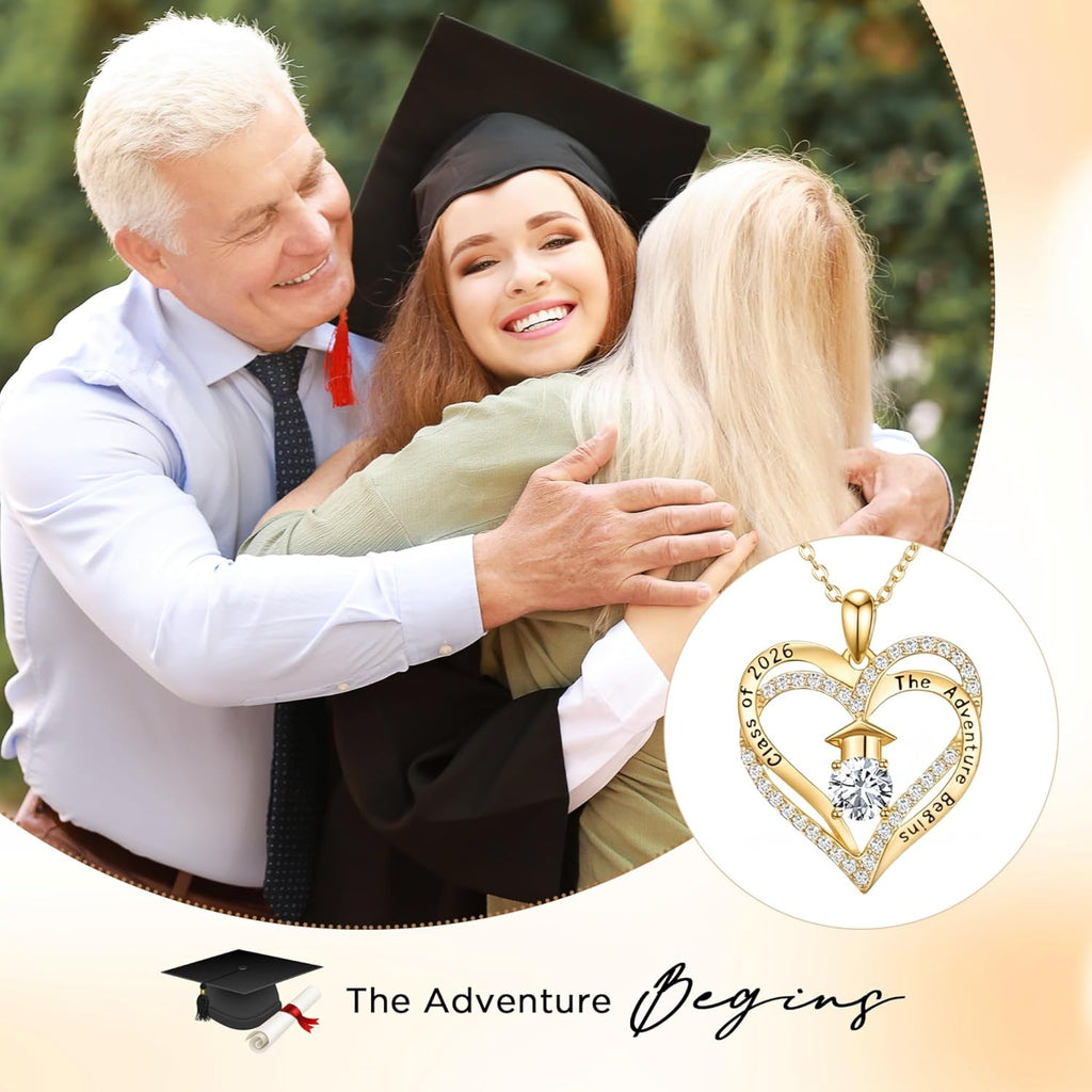NORBU The Adventure Begins S925 Graduation Gifts for Her 2025, 5A CZ Graduation Cap Double Heart Pendant Necklaces for Women High School College Grad Jewelry Gift