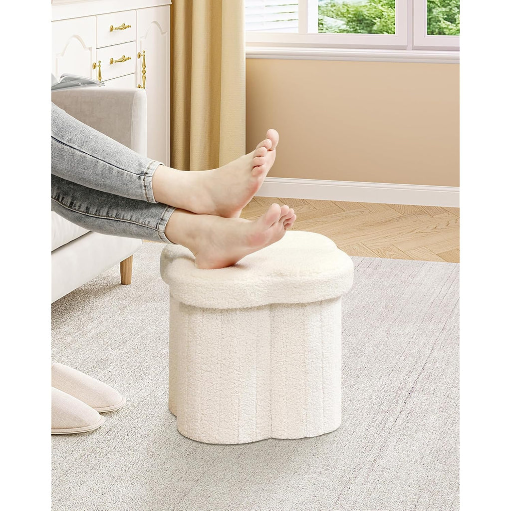 B Fsobeiialeo Storage Ottoman Cube, Flowers Shaped Ottomans With Storage Foot Stool Footrest For Lving Room, Boucle Ottoman Seat For Dorm Room,Faux Teddy Fur,White 12.6"X12.6"X12.6"