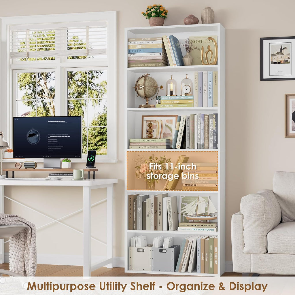 Fotosok 6-Tier Open Bookcase And Bookshelf, Freestanding Display Storage Shelves Tall Bookcase For Bedroom, Living Room And Office, White
