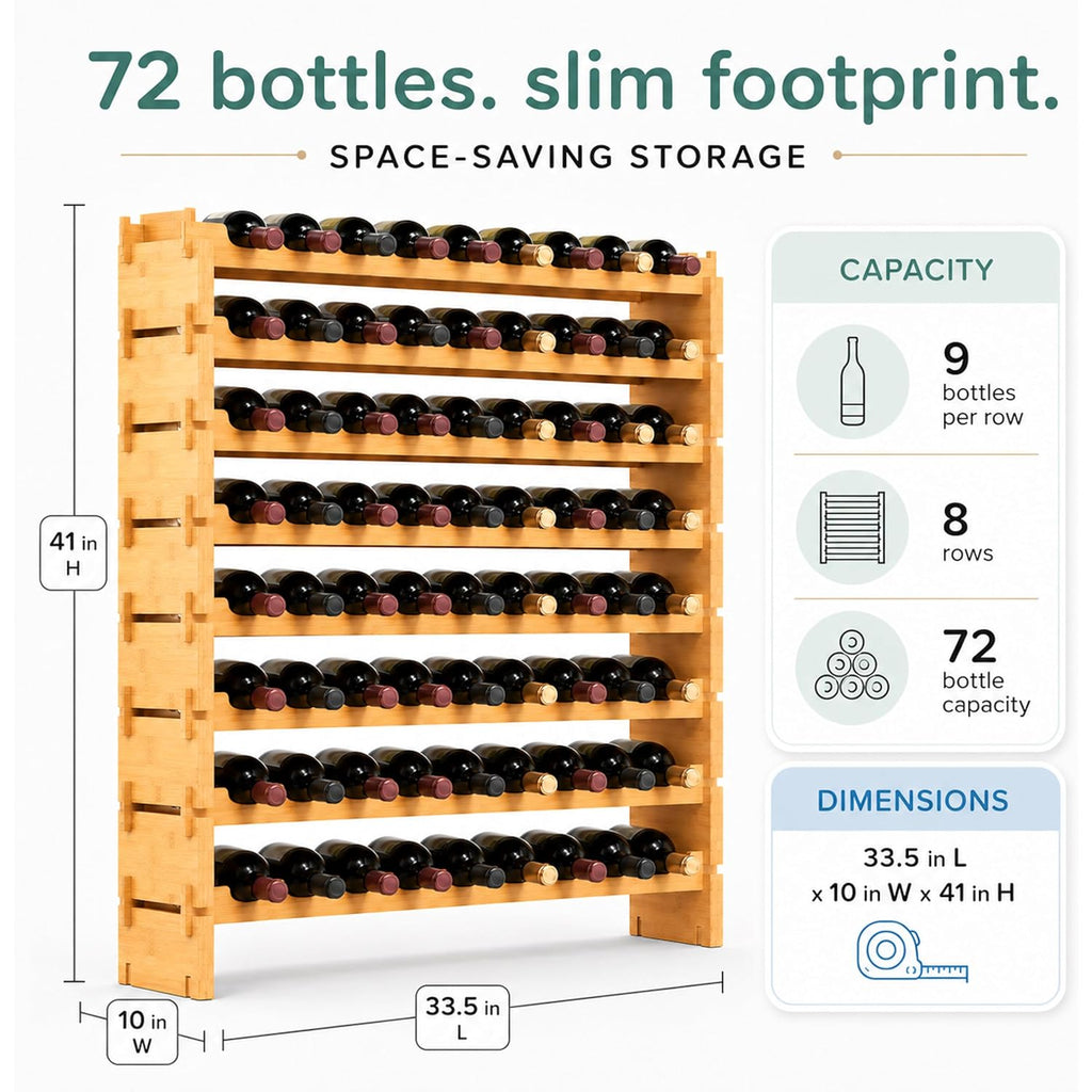 Nutrichef 72 Bottle Wine Rack Stackable Bamboo Freestanding, 8-Tier Modular Shelf, Sturdy Wobble Free, Upgraded 2026 Design, Easy No-Tool Assembly For Kitchen, Cellar Or Bar Storage 33.5" X 10" X 41"