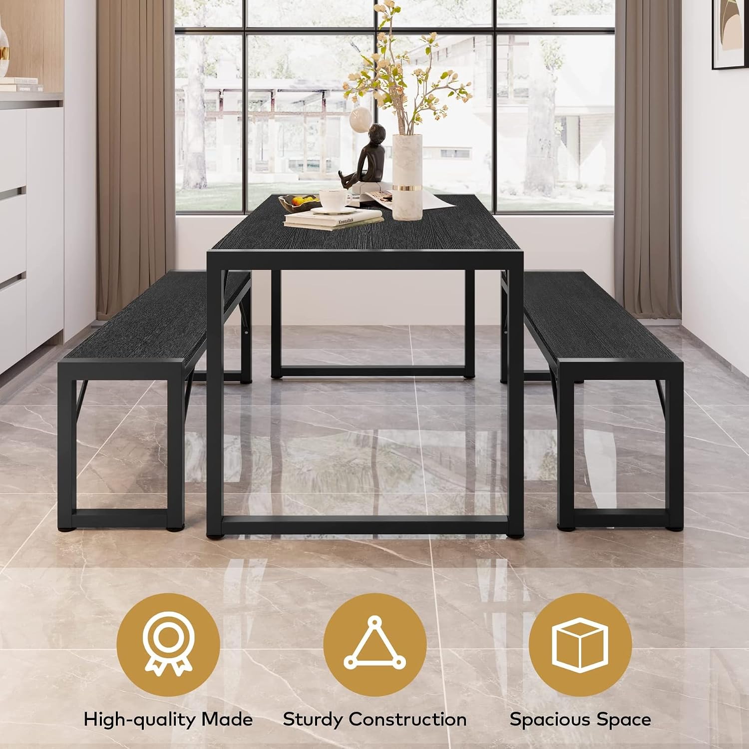 Gizoon 45.5" Dining Table Set For 4 With 2 Benches, Kitchen Table Set With Metal Frame & Mdf Board, Space-Saving Dinette For Kitchen, Dining Room -Black