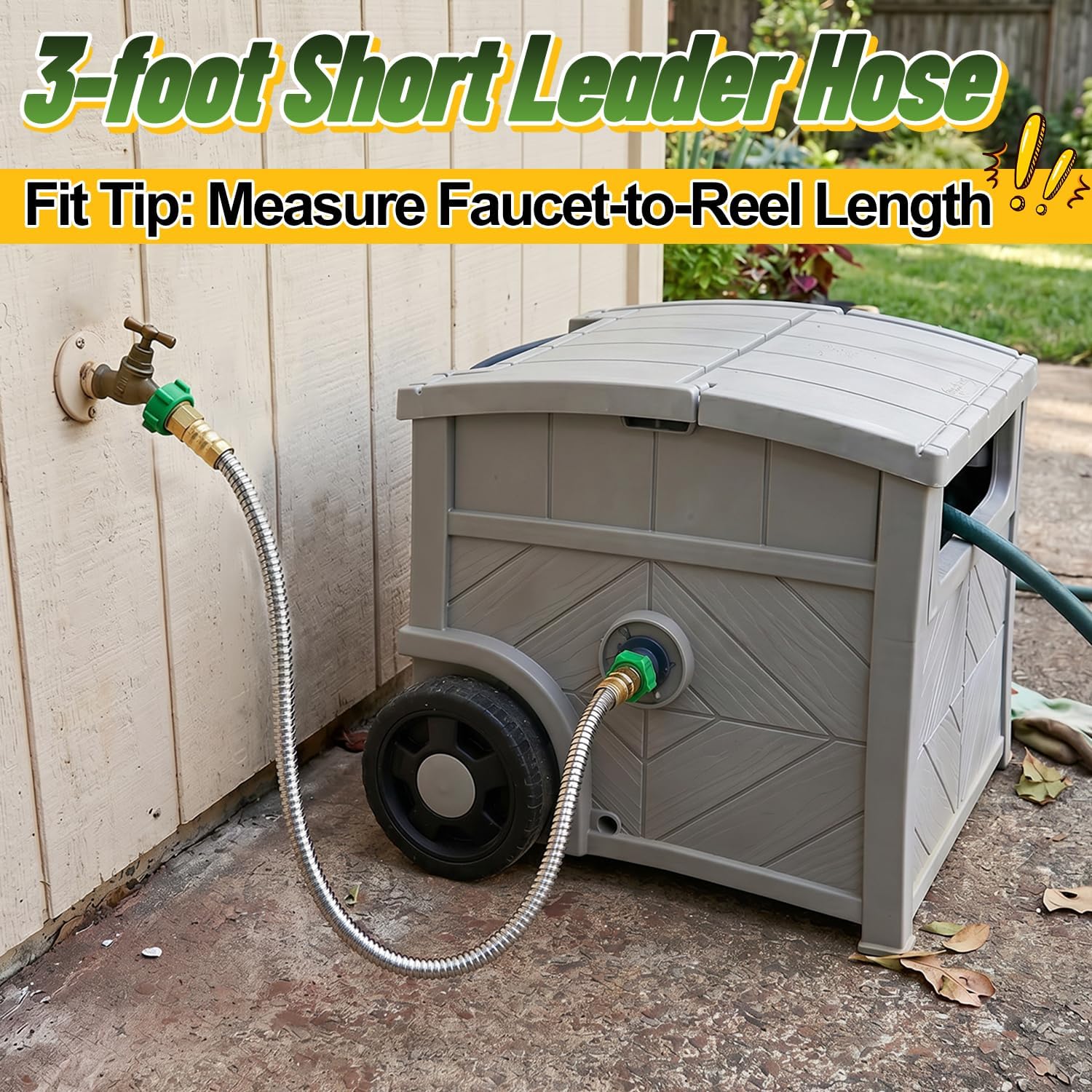 3Ft Short Garden Hose With Female To Female Connector - Metal Leakproof Leader Hose For Hose Reel, Heavy Duty 304 Stainless Steel Flexible Hose For Outdoor Garden Watering Car Pet Cleaning