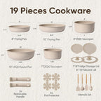 CAROTE 19pcs Pots and Pans Set Non Stick, Nonstick Cookware Set Detachable Handle, Induction Kitchen Cooking Sets with Removable Handle, RV Kitchen, Oven Safe, Taupe